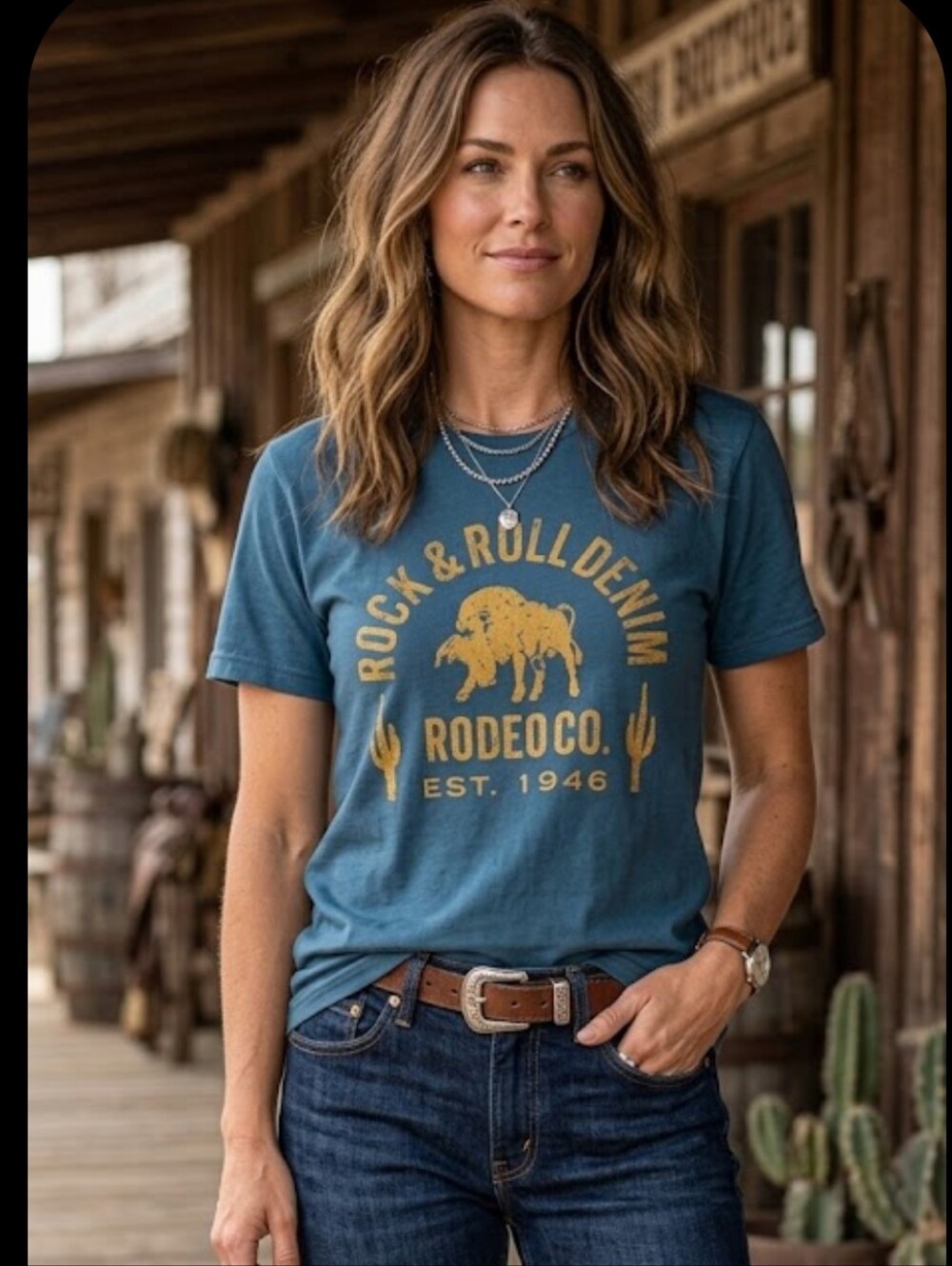 Rock & Roll Denim Rodeo Western Vibe Tee Large Blue Cotton Blend